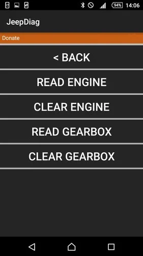 WJdiag menu showing Read/Clear Engine and Read/Clear Gearbox options for Jeep Grand Cherokee WJ diagnostics