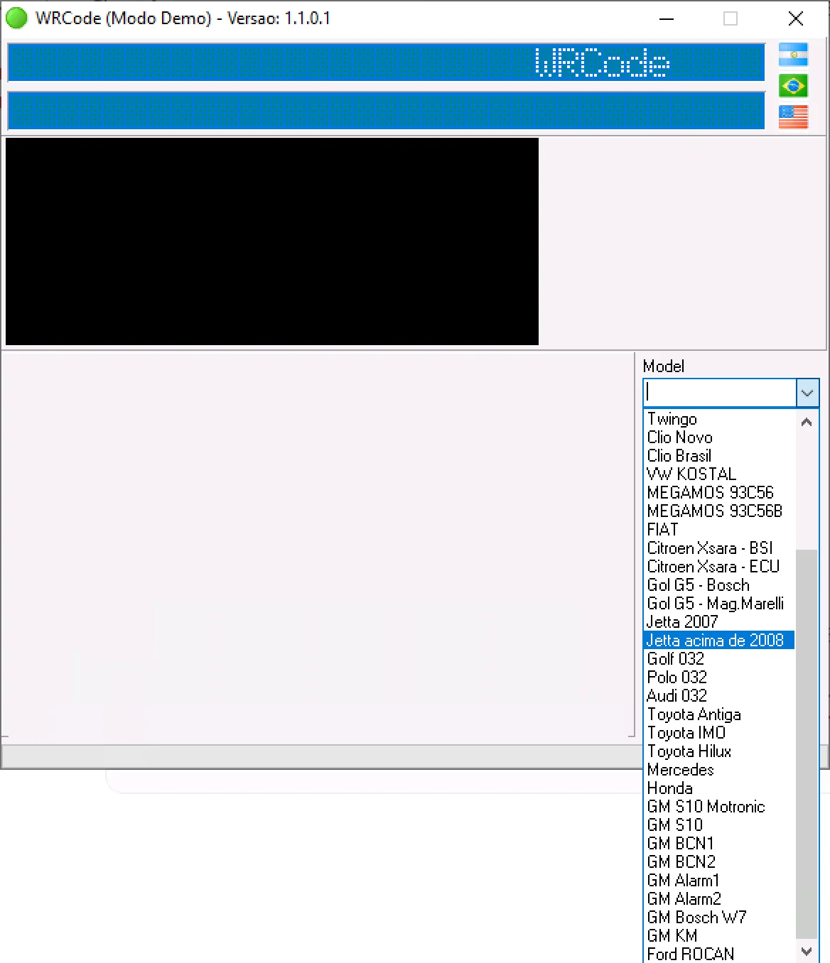 WRCode v1.1.0.1 main window with model presets for radio and immobilizer modules