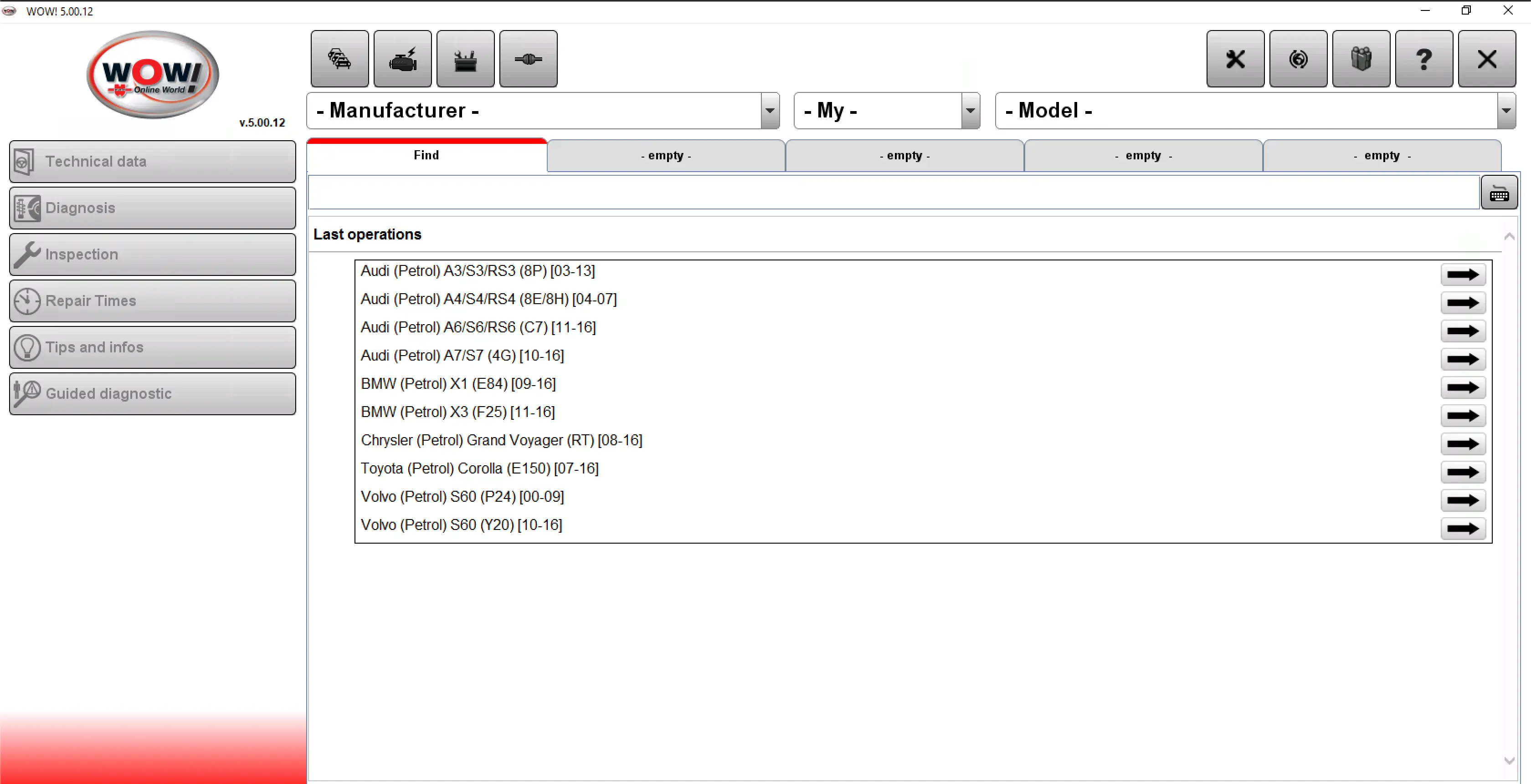 Wurth WoW 5.00.12 home screen with manufacturer and model selection list for multibrand car diagnostics.