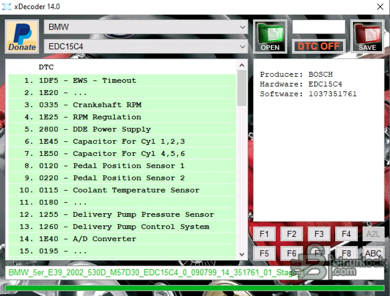 xDecoder 14.0 DTC Manager interface showing a BMW Bosch EDC15C4 ECU file, detected fault codes and DTC OFF controls
