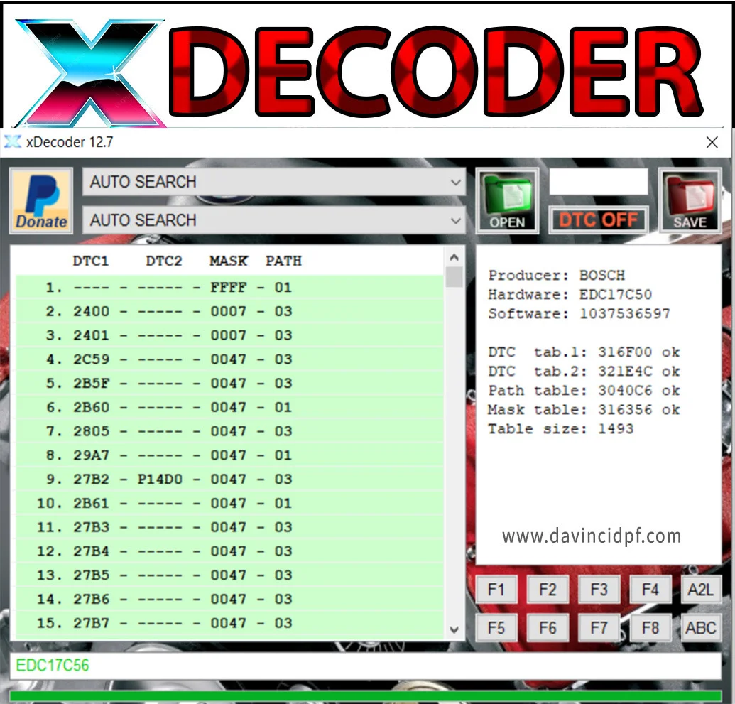 xDecoder v12.7 interface showing auto search with DTC tables and mask paths