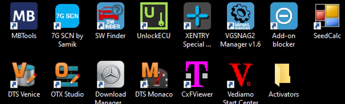 A collection of desktop icons for the installed XENTRY FullFix suite, including MBTools, 7G SCN, SW Finder, UnlockECU, DTS Monaco, and Vediamo.