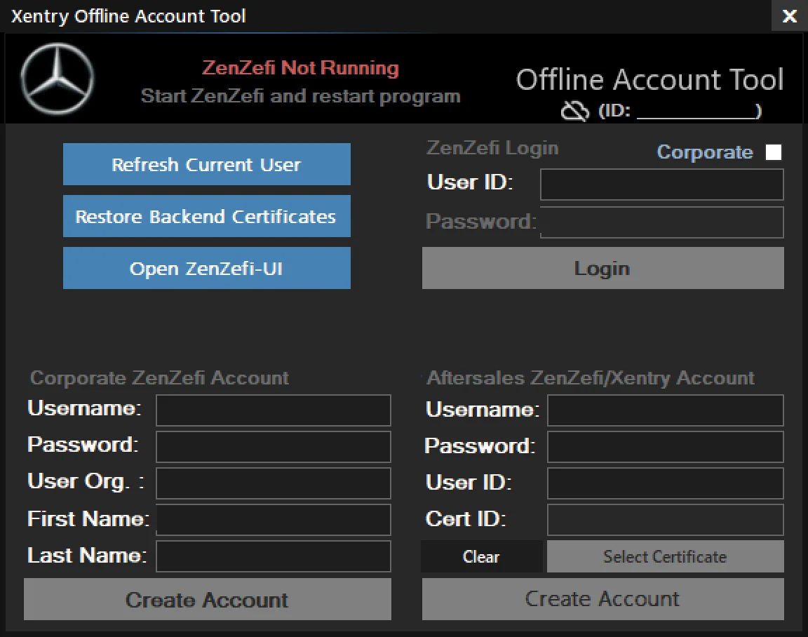 Xentry Offline Account Tool version not specified showing ZenZefi login, user refresh, and backend certificate restore.