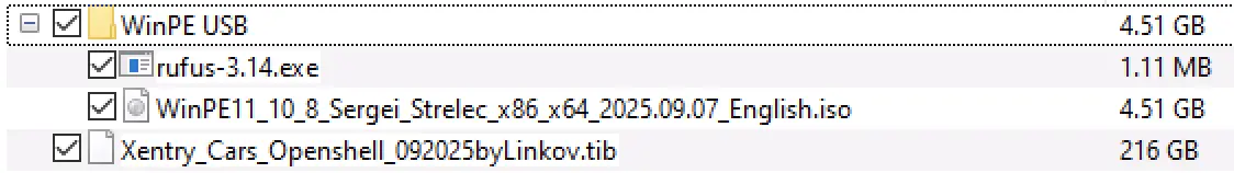 Xentry OpenShell v09.2025 package with WinPE ISO Rufus and a 216 GB .tib system image