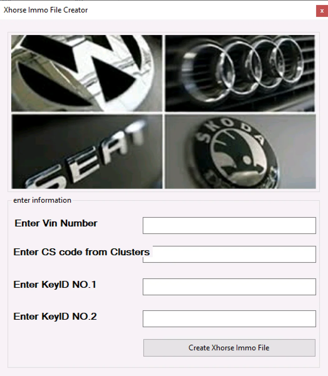 Xhorse Immo File Creator interface for Audi VW SEAT and Škoda with VIN CS and KeyID inputs