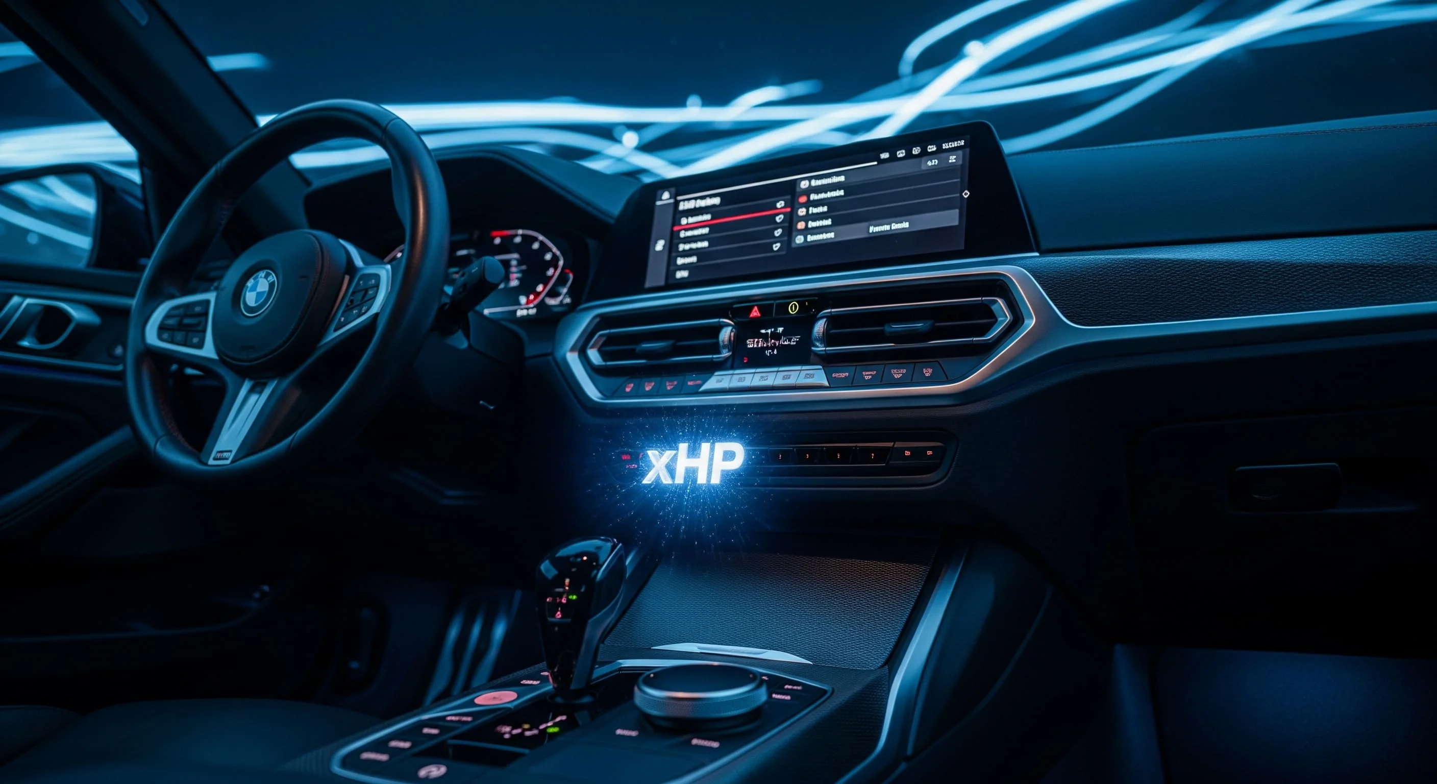 The interior of a modern BMW at night, with a glowing blue holographic 'xHP' logo above the gear shifter and the xHP performance tuning interface displayed on the infotainment screen.