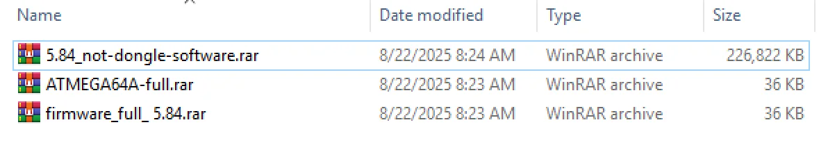 The source archive files for XPROG-BOX v5.84, highlighting the not-dongle-software and the critical ATMEGA64A-full hardware firmware.
