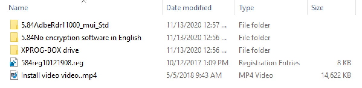 The contents of the XPROG-BOX v5.84 software package, showing the main program folder, drivers, registry file, and an installation video.