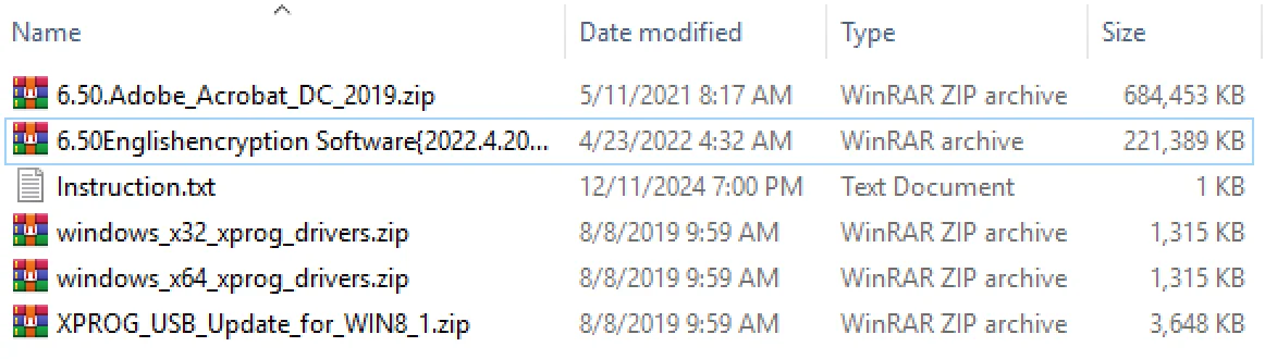 File listing of the X-PROG v6.50 software package, showing the main program, 32/64-bit drivers, and the required Adobe Acrobat dependency.