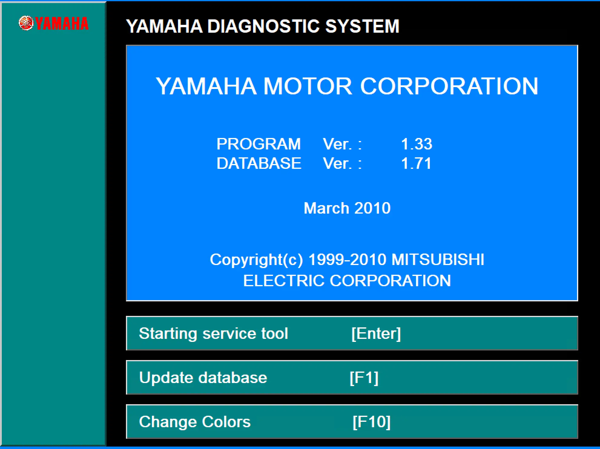 Yamaha Diagnostic System 1.33 start screen showing program and database versions for marine outboard service.