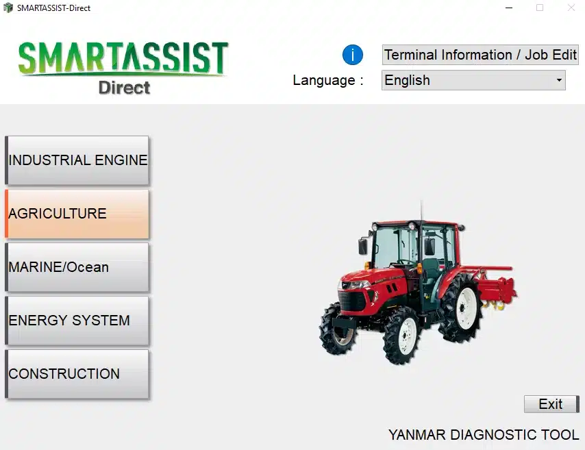 Yanmar SMARTASSIST-Direct SA-Direct 2.37.0 main menu with Agriculture category selected