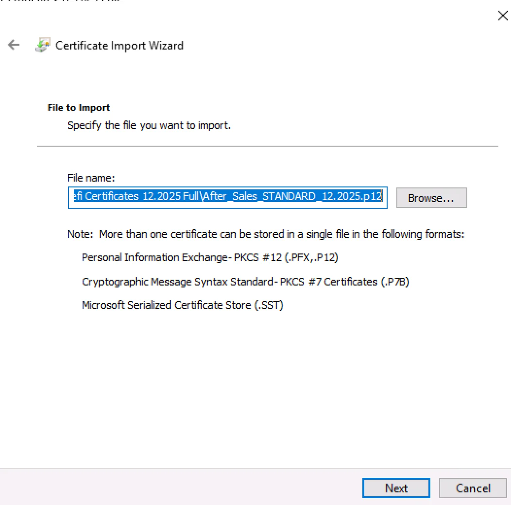 Zenzefi Certificates 12.2025 – Windows Certificate Import Wizard showing After_Sales_STANDARD_12.2025.p12.