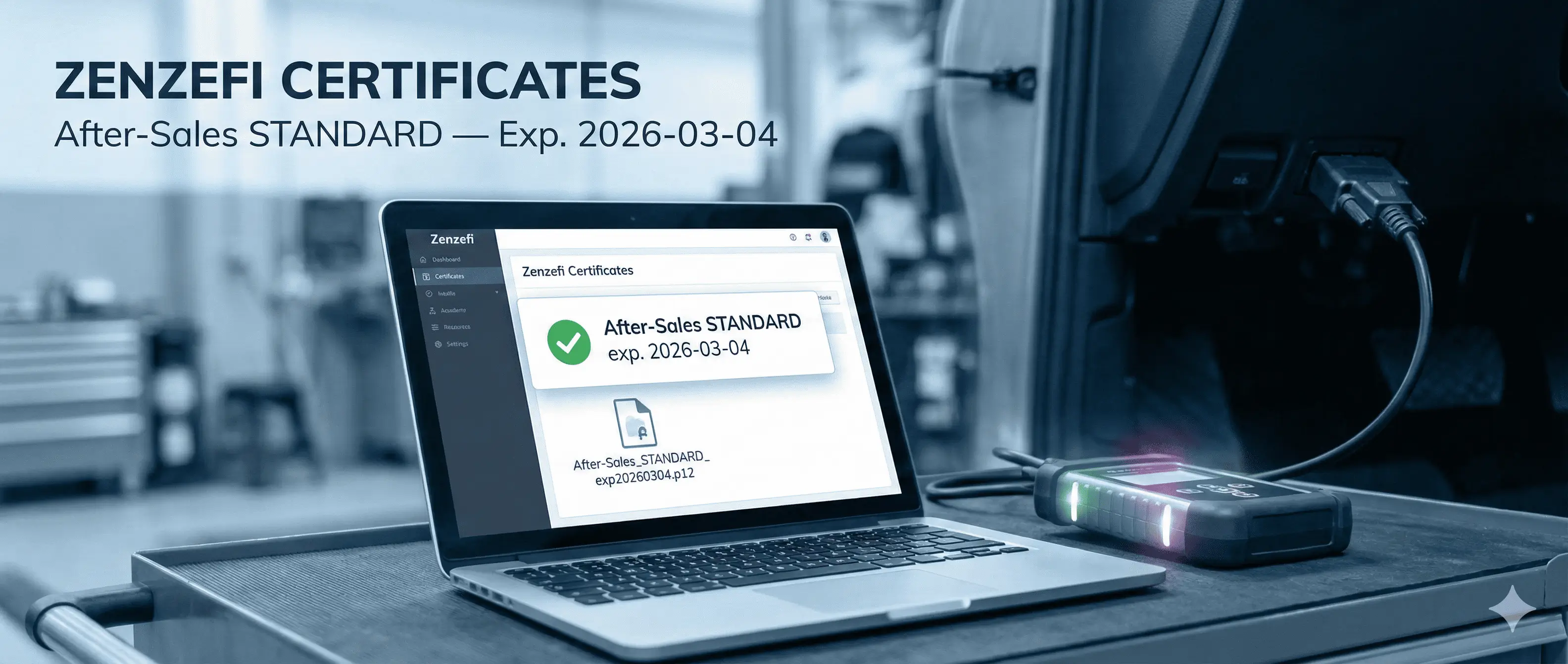 Zenzefi After-Sales STANDARD certificate valid until 2026-03-04 displayed on workshop laptop next to OBD diagnostic interface.