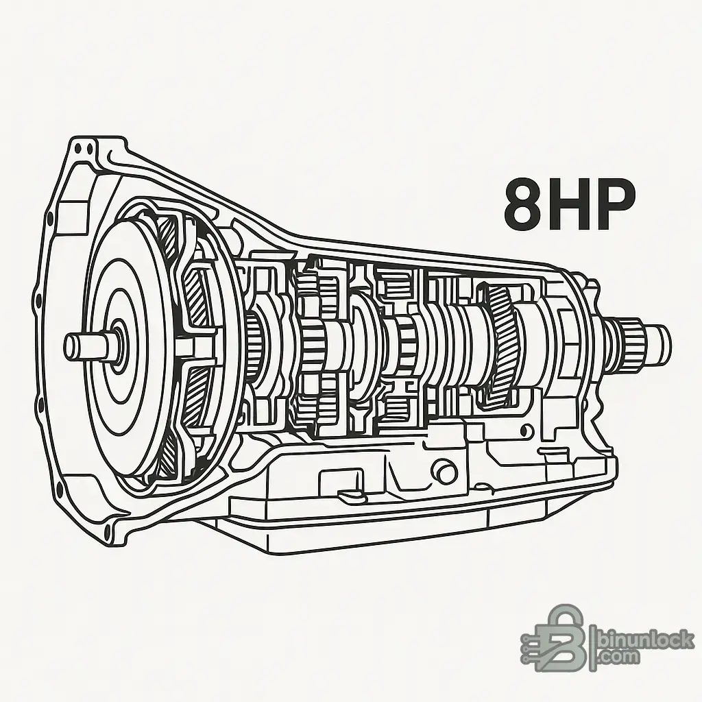 Technical line-art cutaway of a ZF 8HP 8-speed automatic transmission showing torque converter and internal gear sets