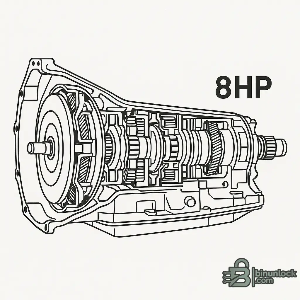 Technical line-art cutaway of a ZF 8HP 8-speed automatic transmission showing torque converter and internal gear sets