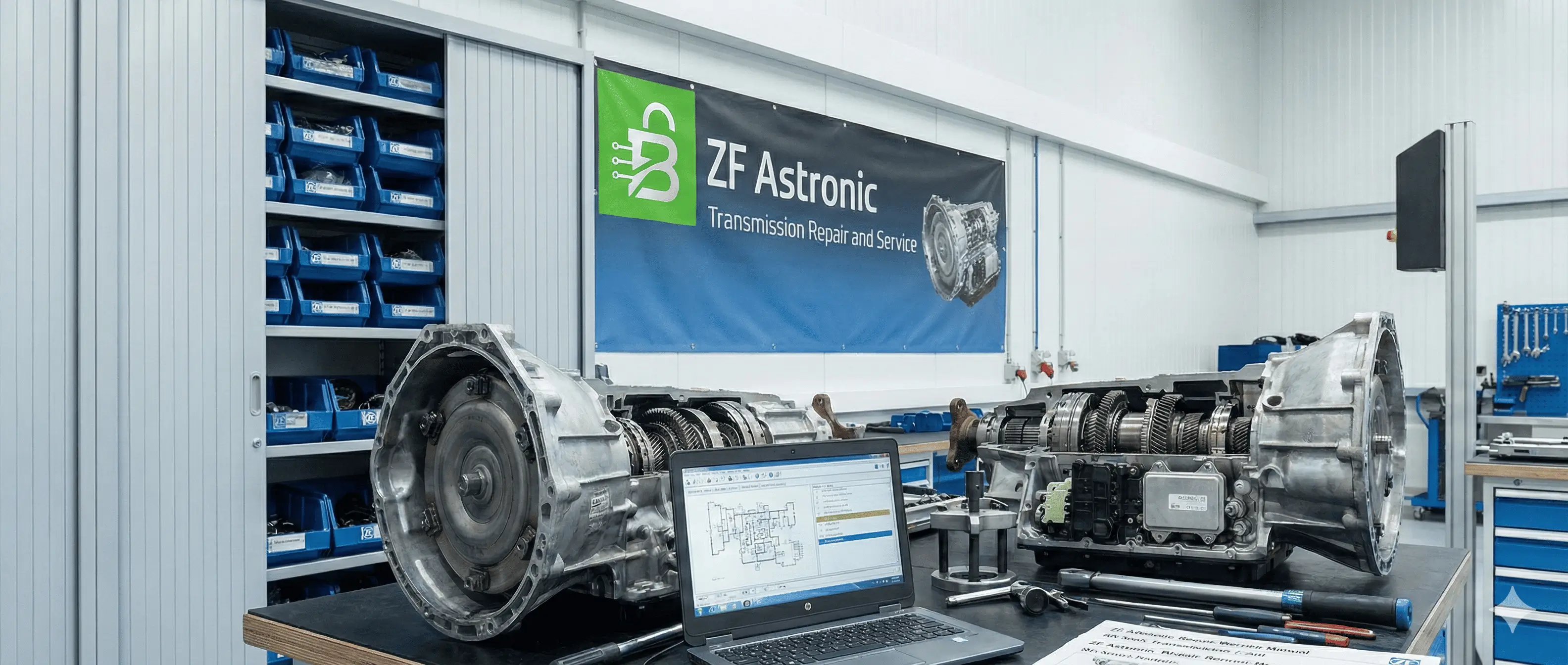 Mixed edition ZF manual set image showing AS-Tronic transmission repair service context, with workshop tooling and technical diagram reference.