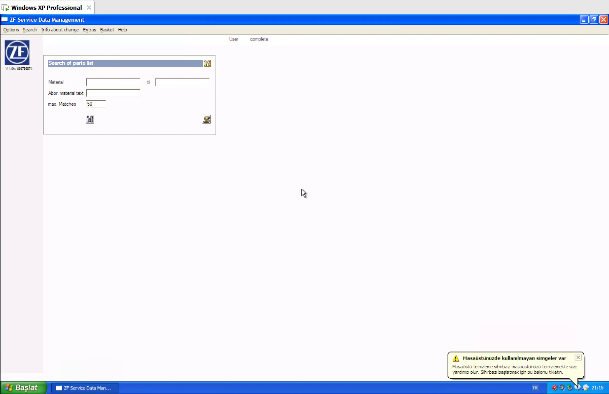 ZF SDM v1.0g parts list search screen with material number and text filters