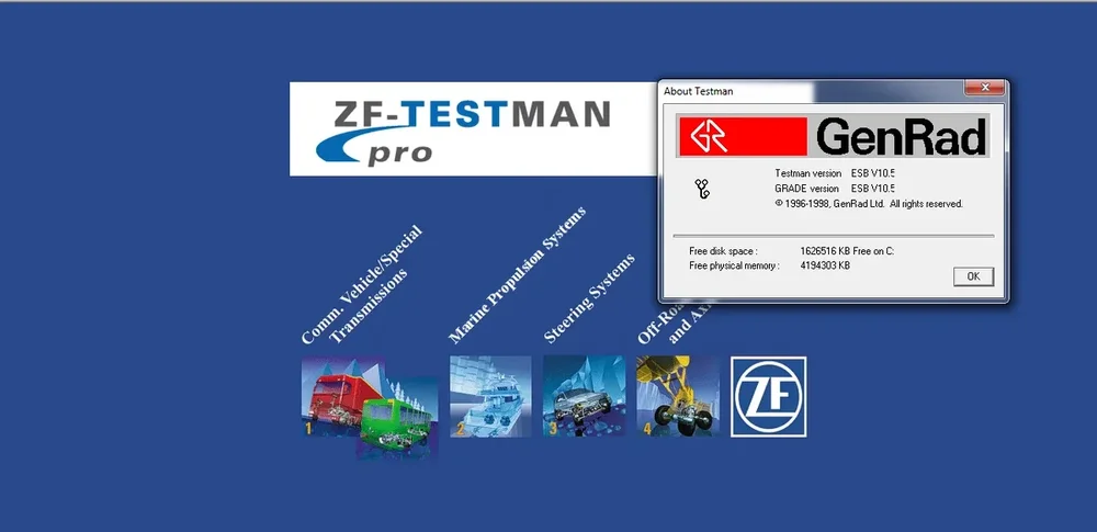 ZF Testman Pro v10.5 main dashboard with About dialog showing Testman version