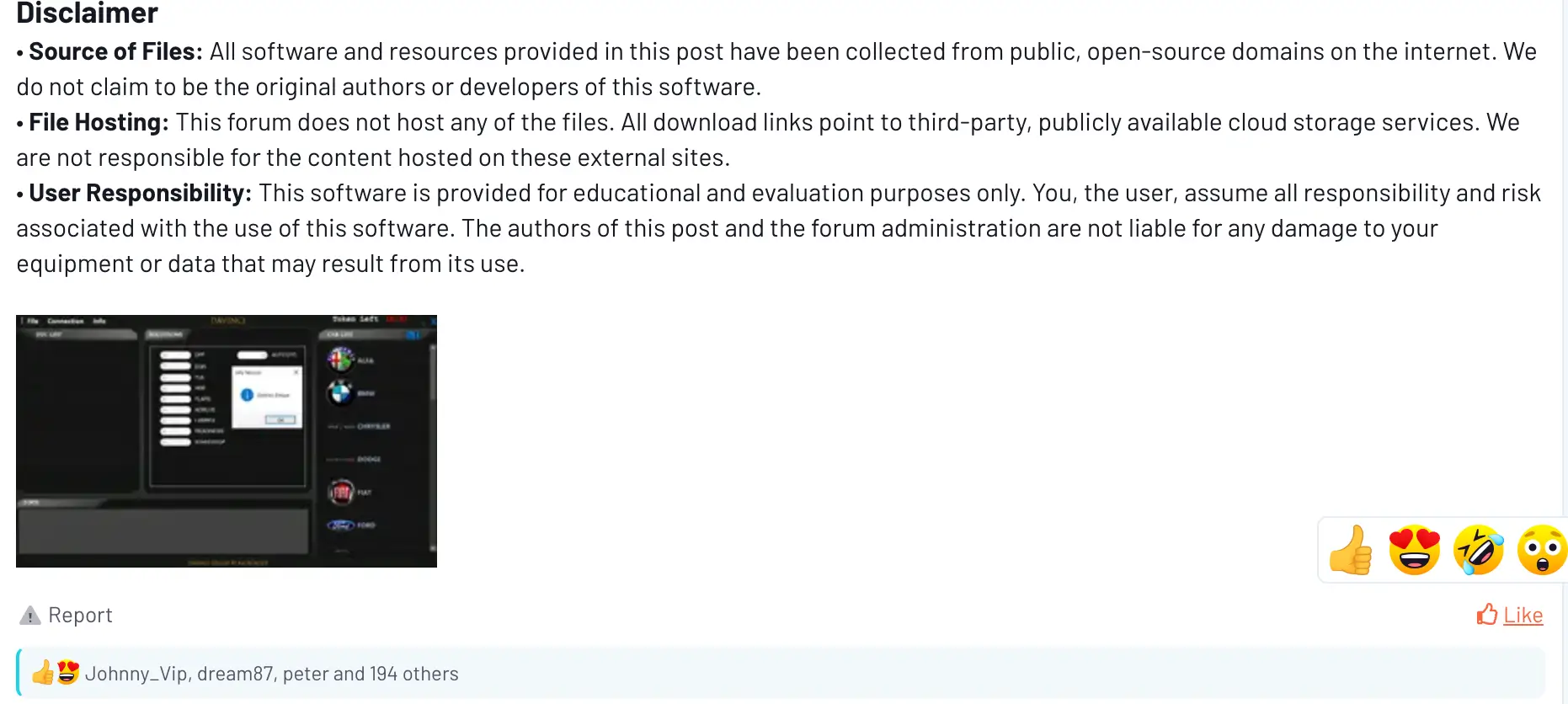 Disclaimer section explaining file source, third-party hosting, and user responsibility