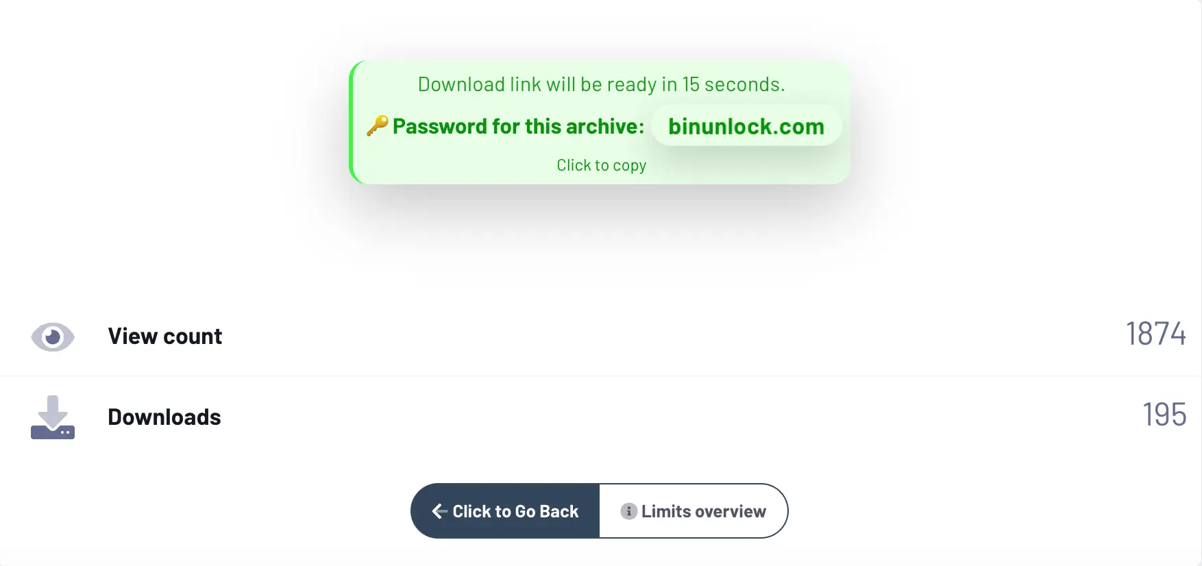 Download page showing a countdown message and an archive password banner with copy option