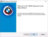 The welcome screen for the BMW Advanced Tools Setup Wizard, showing the BMW logo and instructions to begin the installation.