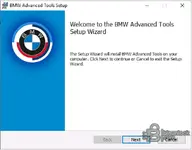 The welcome screen for the BMW Advanced Tools Setup Wizard, showing the BMW logo and instructions to begin the installation.