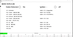Main menu of BMW INPA 5.06 software, showing the list of supported E-Series chassis for diagnostics, including 1 Series, 3 Series, 5 Series, and X5/X6.