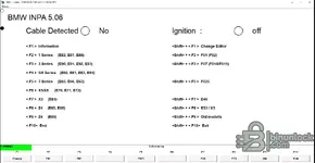 Main menu of BMW INPA 5.06 software, showing the list of supported E-Series chassis for diagnostics, including 1 Series, 3 Series, 5 Series, and X5/X6.
