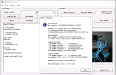 A help dialog box in BMW Coding Tool v2.5.0 explaining its main functions, such as loading TRC files, saving MAN files, and updating SP-Daten and WinKFP.