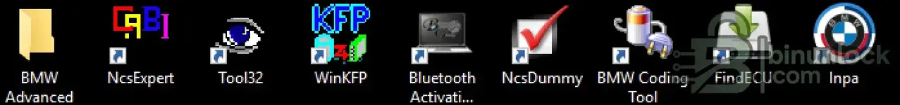 A collection of desktop icons for the installed BMW Advanced Tools suite, including shortcuts for NcsExpert, Tool32, WinKFP, NcsDummy, and Inpa.