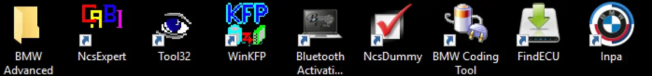 A collection of desktop icons for the installed BMW Advanced Tools suite, including shortcuts for NcsExpert, Tool32, WinKFP, NcsDummy, and Inpa.