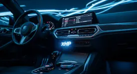 The interior of a modern BMW at night, with a glowing blue holographic 'xHP' logo above the gear shifter and the xHP performance tuning interface displayed on the infotainment screen.
