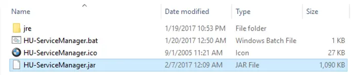 The file structure for the HU-ServiceManager tool, showing the standalone Java runtime environment (JRE) folder, a JAR file, and a batch file for launching the application.