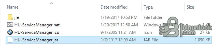 The file structure for the HU-ServiceManager tool, showing the standalone Java runtime environment (JRE) folder, a JAR file, and a batch file for launching the application.