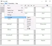 The language settings dropdown menu in Scanmatik 2, displaying support for English, Russian, Spanish, French, German, and other languages.