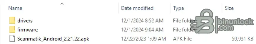 A screenshot of the installation files for the Scanmatik 2 Android version, including the Scanmatik_Android_2.21.22.apk file and folders for drivers and firmware.