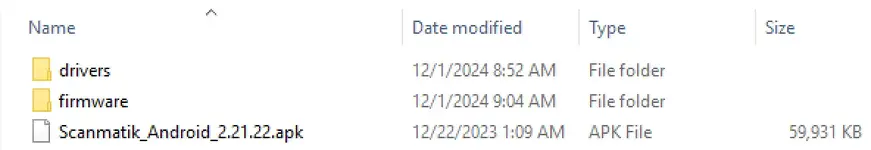 A screenshot of the installation files for the Scanmatik 2 Android version, including the Scanmatik_Android_2.21.22.apk file and folders for drivers and firmware.