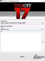 The registration dialog for IMMOFF17 software, showing fields for Hardware ID, a user name, and a registration key.