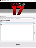 The registration dialog for IMMOFF17 software, showing fields for Hardware ID, a user name, and a registration key. The registration dialog for IMMOFF17 software, showing fields for Hardware ID, a user name, and a registration key.