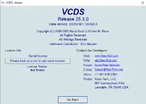 The About screen for VCDS Release 25.3.0, displaying the data version, copyright information by Ross-Tech, and developer contact details. The About screen for VCDS Release 25.3.0, displaying the data version, copyright information by Ross-Tech, and developer contact details.