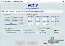 A screenshot of the Port and Protocol Options in VCDS 25.3.0, showing settings for port selection (COM, USB, NET) and protocol timing parameters.