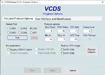 A screenshot of the Port and Protocol Options in VCDS 25.3.0, showing settings for port selection (COM, USB, NET) and protocol timing parameters.
