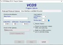 A screenshot of the User Interface and Identification options in VCDS 25.3.0, showing settings for Workshop Identification and other user interface preferences. A screenshot of the User Interface and Identification options in VCDS 25.3.0, showing settings for Workshop Identification and other user interface preferences.