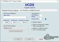 A screenshot of the User Interface and Identification options in VCDS 25.3.0, showing settings for Workshop Identification and other user interface preferences.