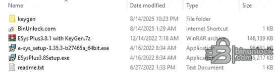 A list of installation files for BMW E-Sys, including e-sys_setup-3.35.3, ESysPlus3.8.1 with KeyGen, and a readme.txt file.