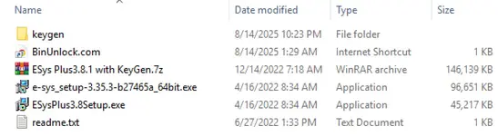 A list of installation files for BMW E-Sys, including e-sys_setup-3.35.3, ESysPlus3.8.1 with KeyGen, and a readme.txt file.
