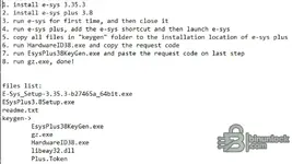A readme.txt file detailing the 8-step installation and activation process for E-Sys 3.35.3 with the ESysPlus 3.8 launcher and keygen.