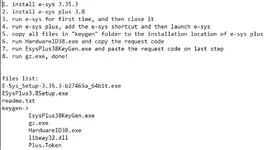 A readme.txt file detailing the 8-step installation and activation process for E-Sys 3.35.3 with the ESysPlus 3.8 launcher and keygen.