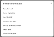 The folder information dialog for the Service42 VAG Flash Data archive, showing that it is 184.28 GB in size and contains 35,341 files.