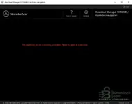 The Mercedes-Benz Download Manager for COMAND hard-disc navigation, showing a registration server is currently unavailable error message.